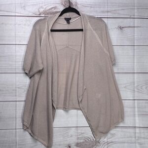 Dana Buchman XL Beige Gold Metallic Open Front Cardigan Mesh Knit Short Sleeve